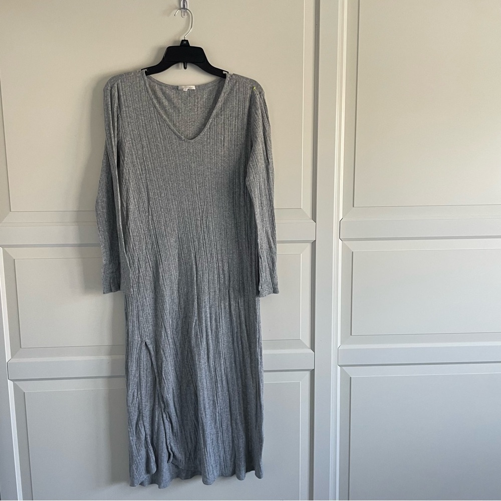 Skin Slit V-Neck Rib Knit gray dress Pima Cotton 30773